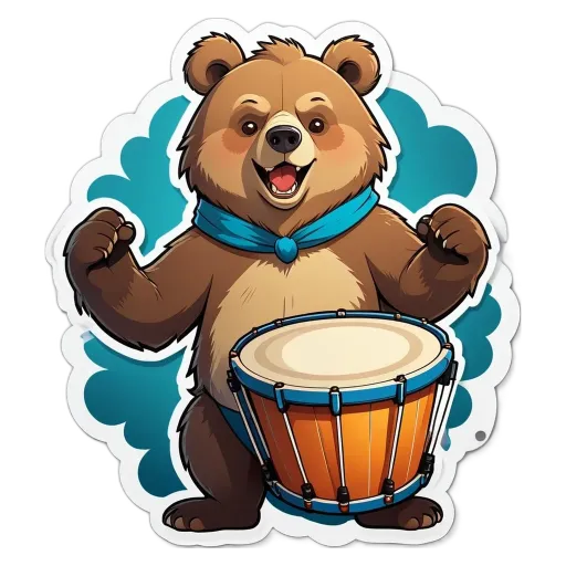 A drumming bear with a blue scarf is holding an orange drum.