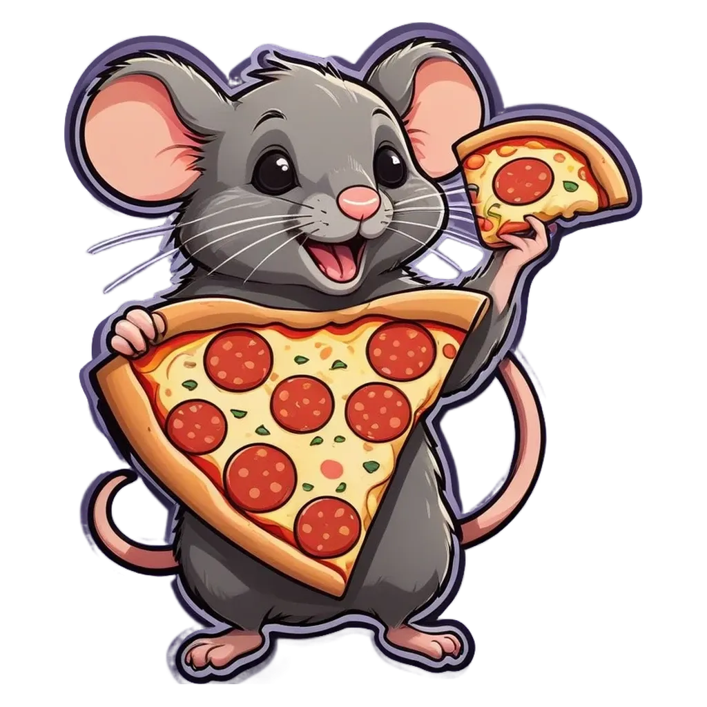 A cartoon mouse holding a slice of pizza.