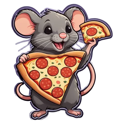 A cartoon mouse holding a slice of pizza.