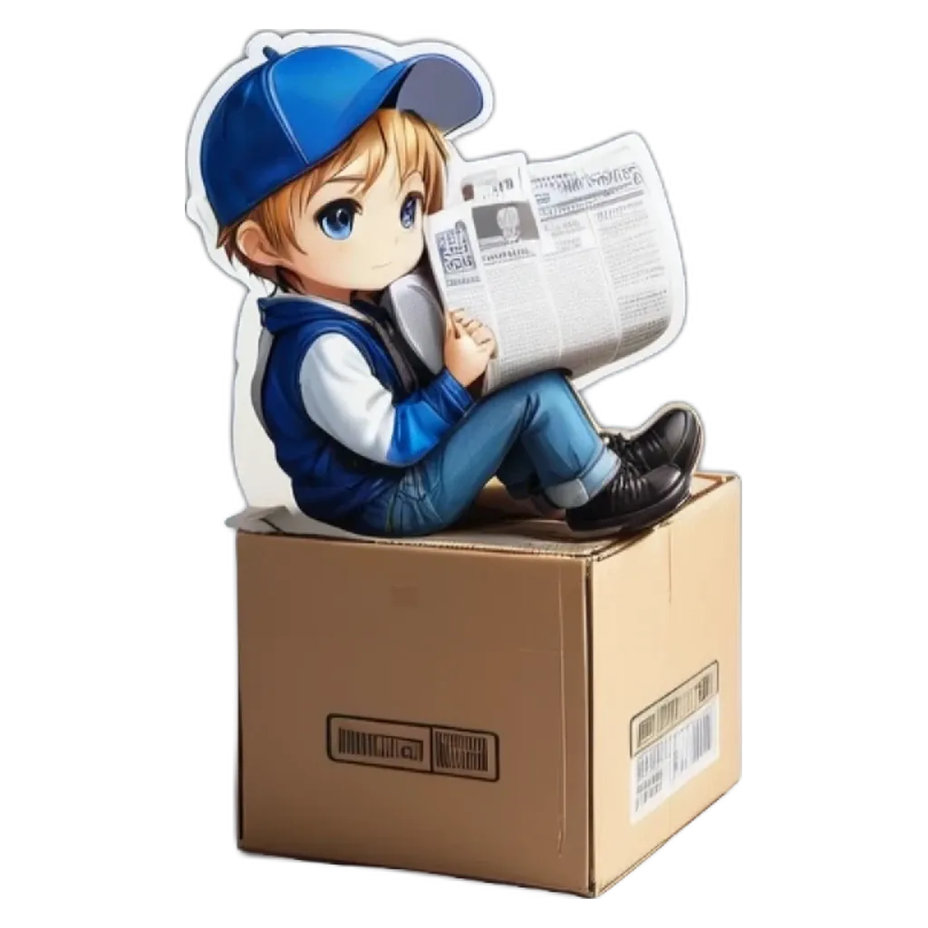 A boy reading a newspaper out of a cardboard box.