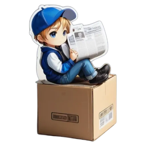 A boy reading a newspaper out of a cardboard box.