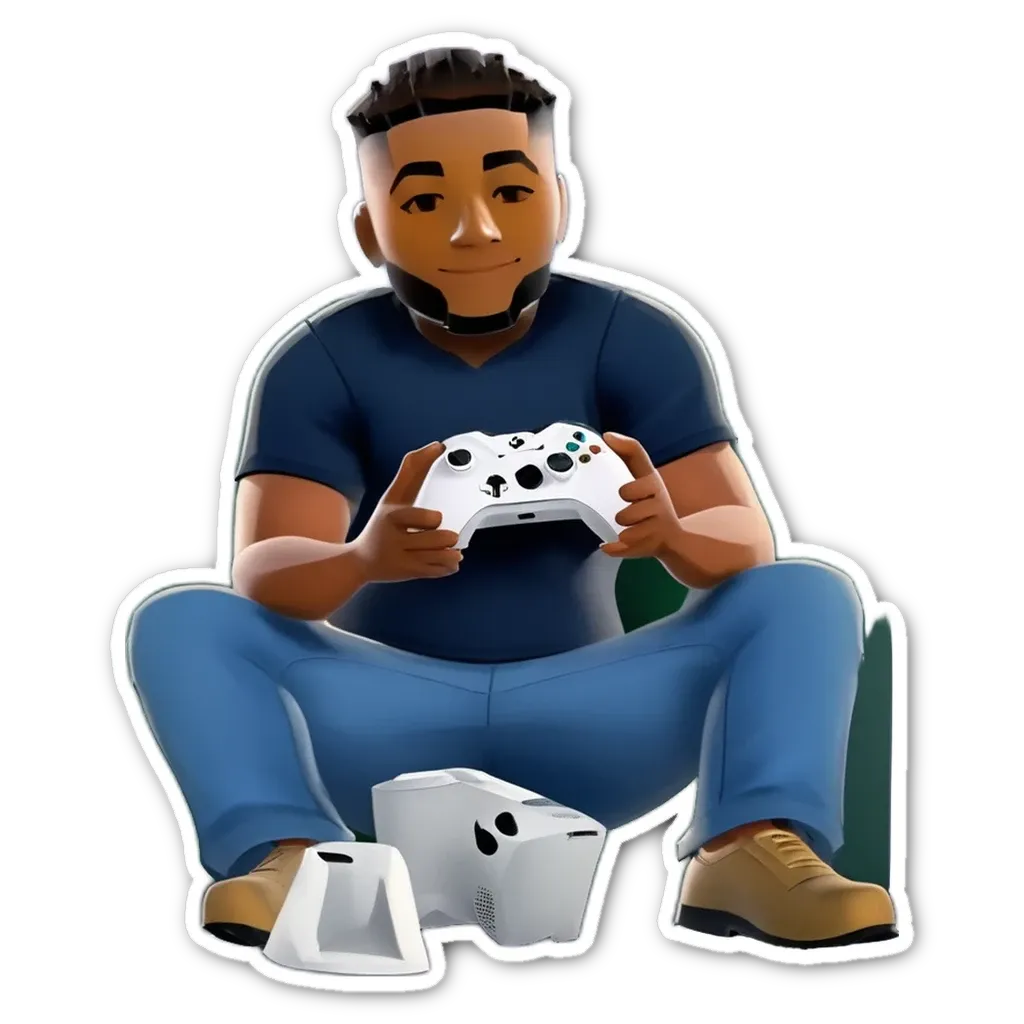 A man playing a game on the xbox with a sticker that has his picture on it.