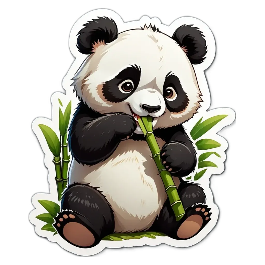 A panda bear eating bamboo is depicted in a sticker.