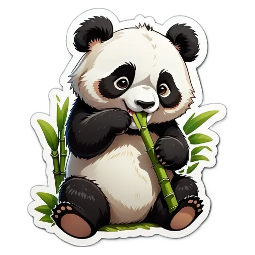 A panda bear eating bamboo is depicted in a sticker.