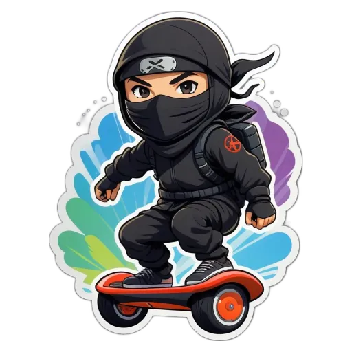 A cartoon image of a boy riding a skateboard wearing a black mask.