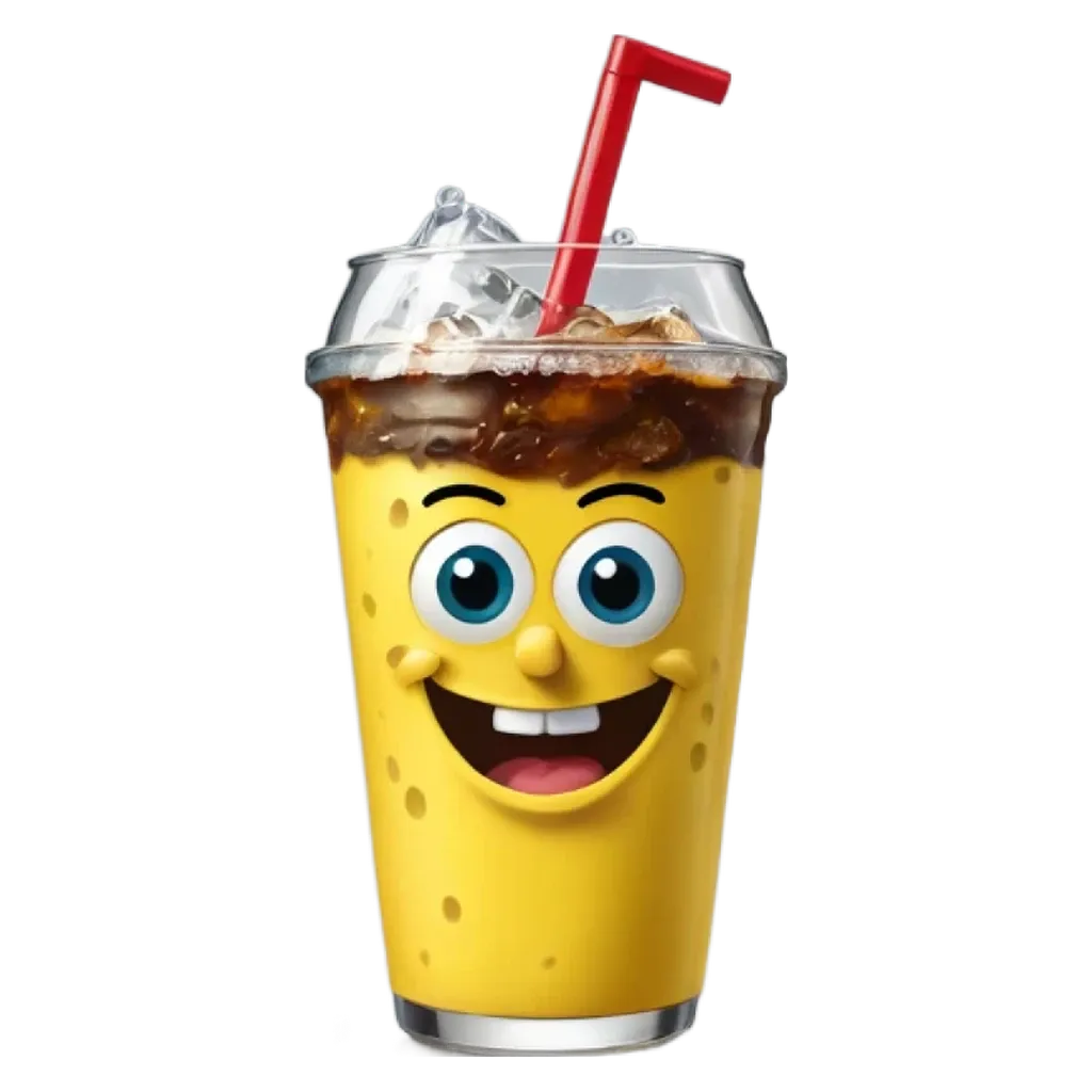 A beverage with a sponge character on the straw and ice.