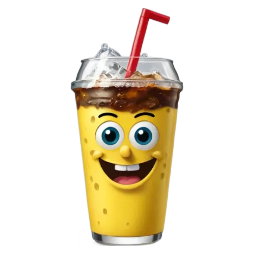 A beverage with a sponge character on the straw and ice.