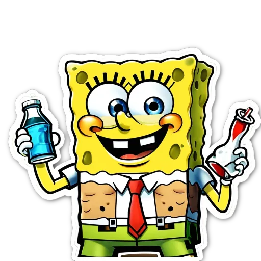 A Spongebob character holding a soda and a glass with the soda being blue.