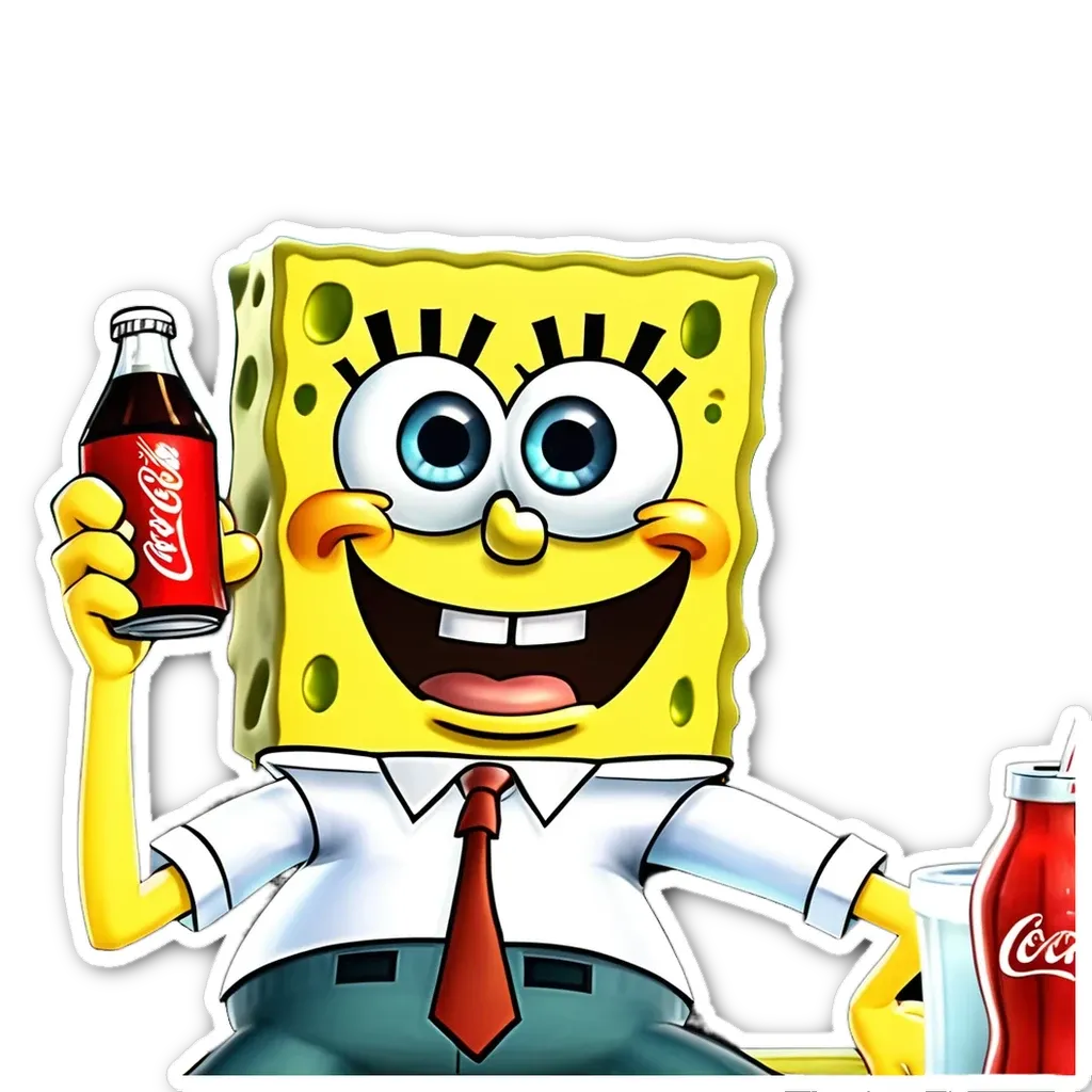 A sticker of spongebob holding a soda.