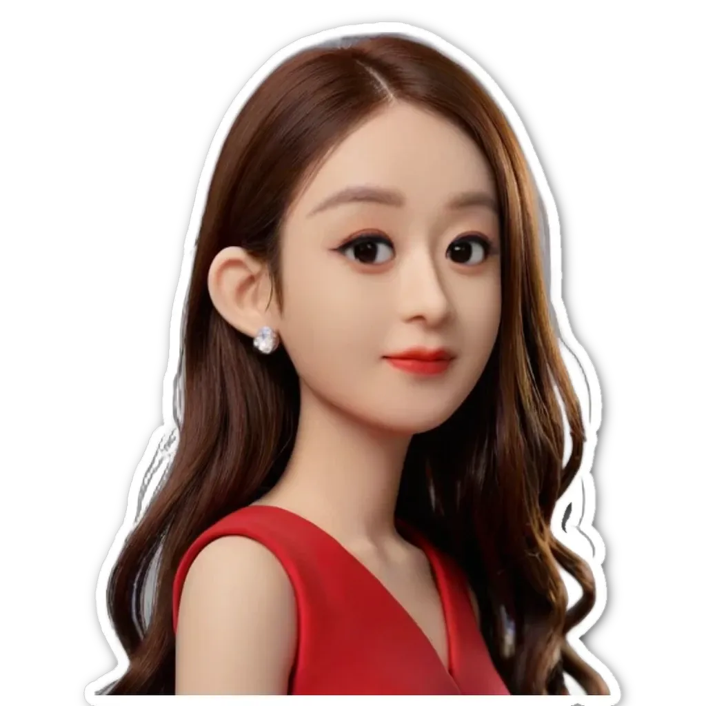 A sticker of a girl that is wearing a red dress.