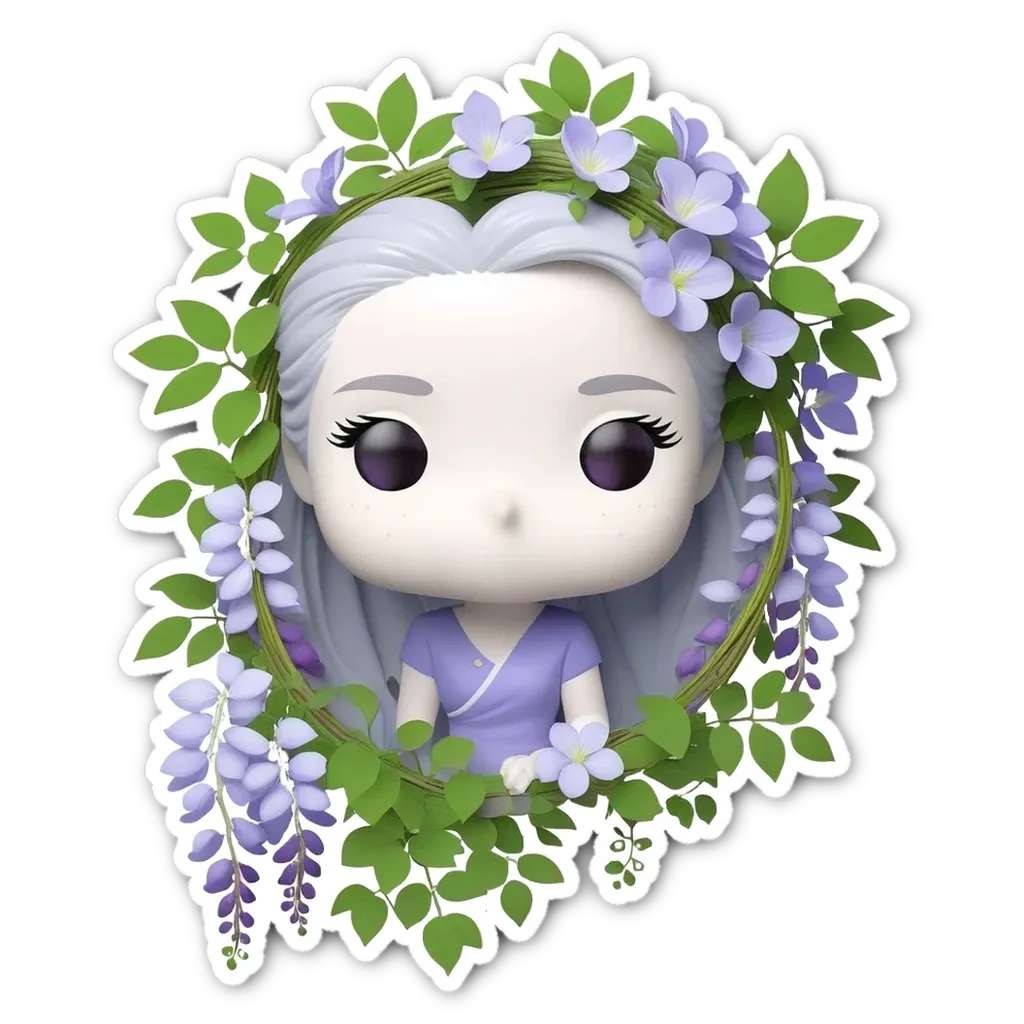 A sticker of a pop figure with wispy hair and purple flowers.