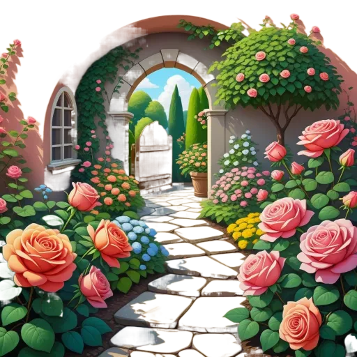 An archway way to gardens with roses is drawn on a page.