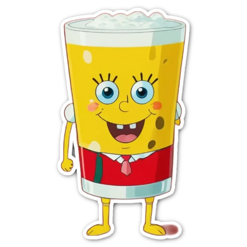 A spongebob character drinking from a straw with a tie and earring in his right ear.