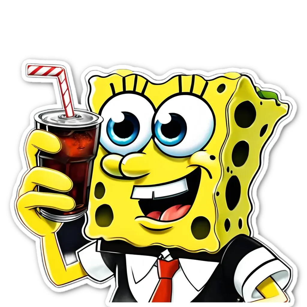 A Spongebob character holding a soda and wearing a suit and tie.