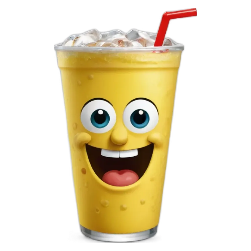 A yellow beverage with a straw in it is depicted.