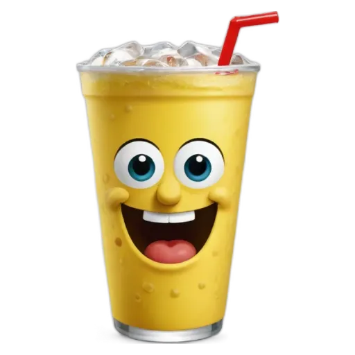 A yellow beverage with a straw in it is depicted.