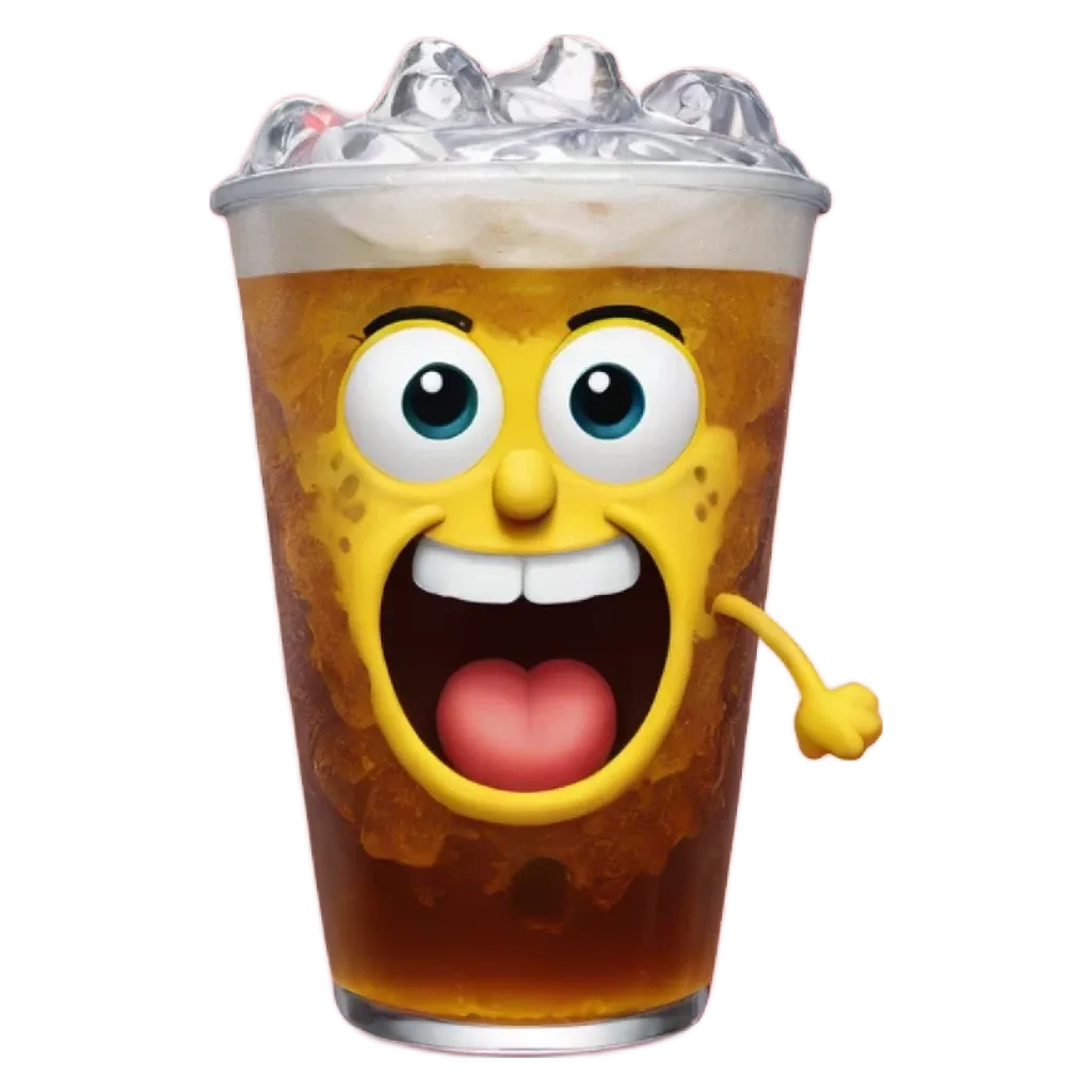 A beverage with a yellow sponge face and large ice chunks at the top.