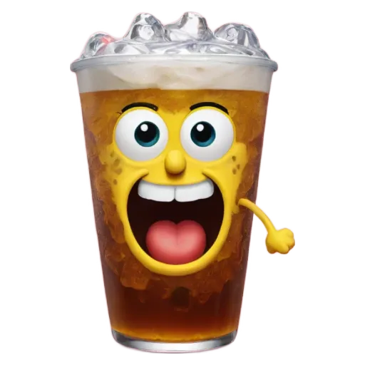 A beverage with a yellow sponge face and large ice chunks at the top.