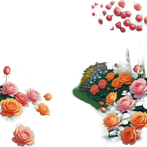 An artwork of a garden with a path that leads to a house.