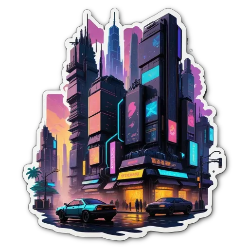 A cityscape with a car and people walking on the street.