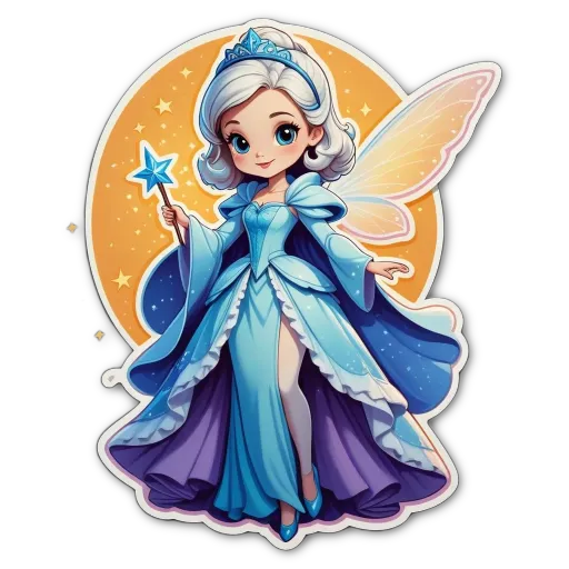 A picture of a small girl with a magic wand that is blue and gold.