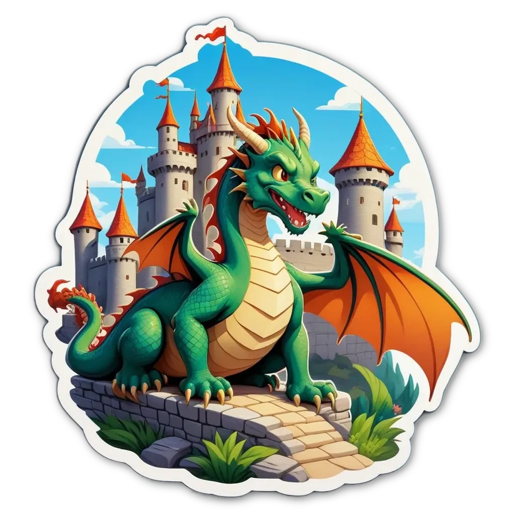 A dragon with a castle in the background.