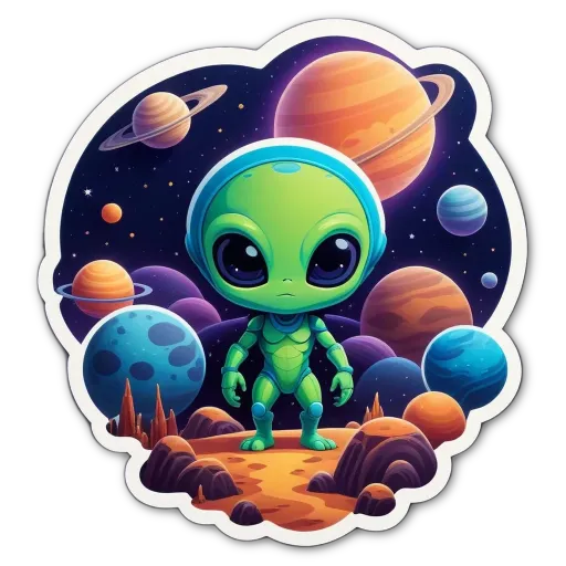 A cartoon green alien is looking at the camera in front of planets.