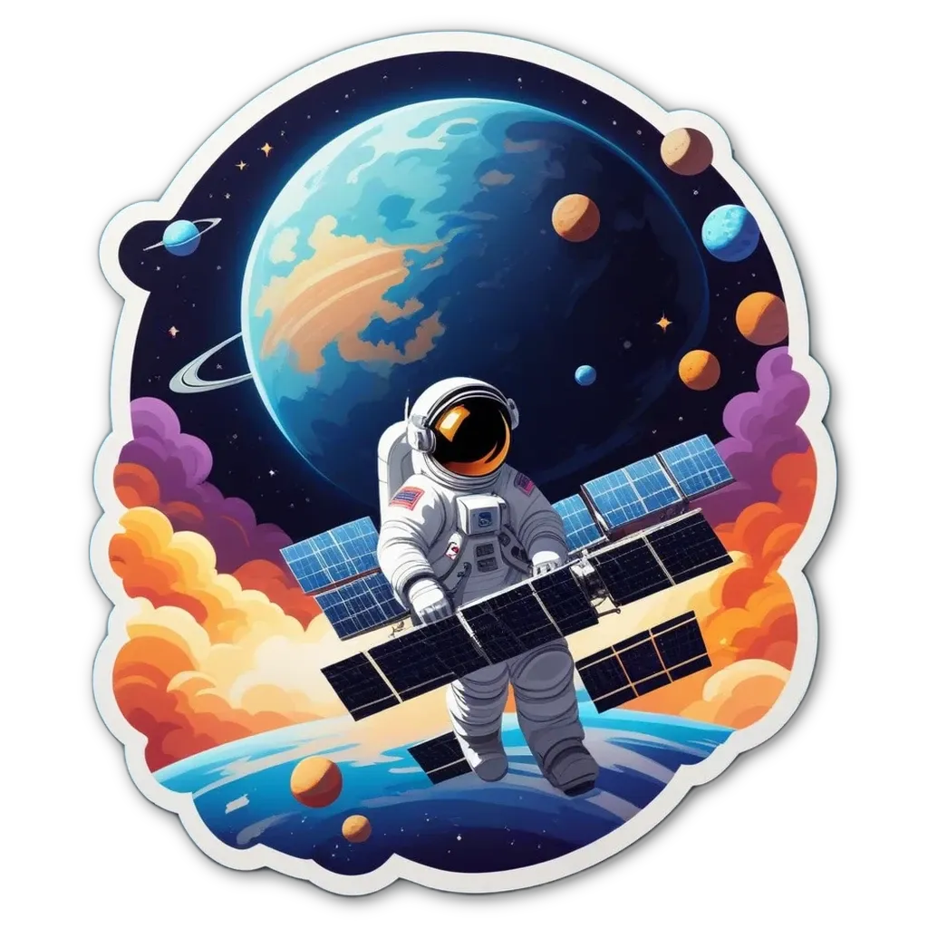 A space man with aISS docked in the background.