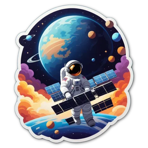 A space man with aISS docked in the background.