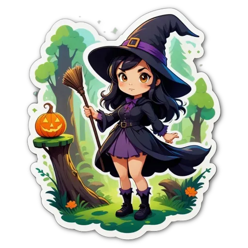 A cartoon picture of a witch with a broom and a pumpkin.