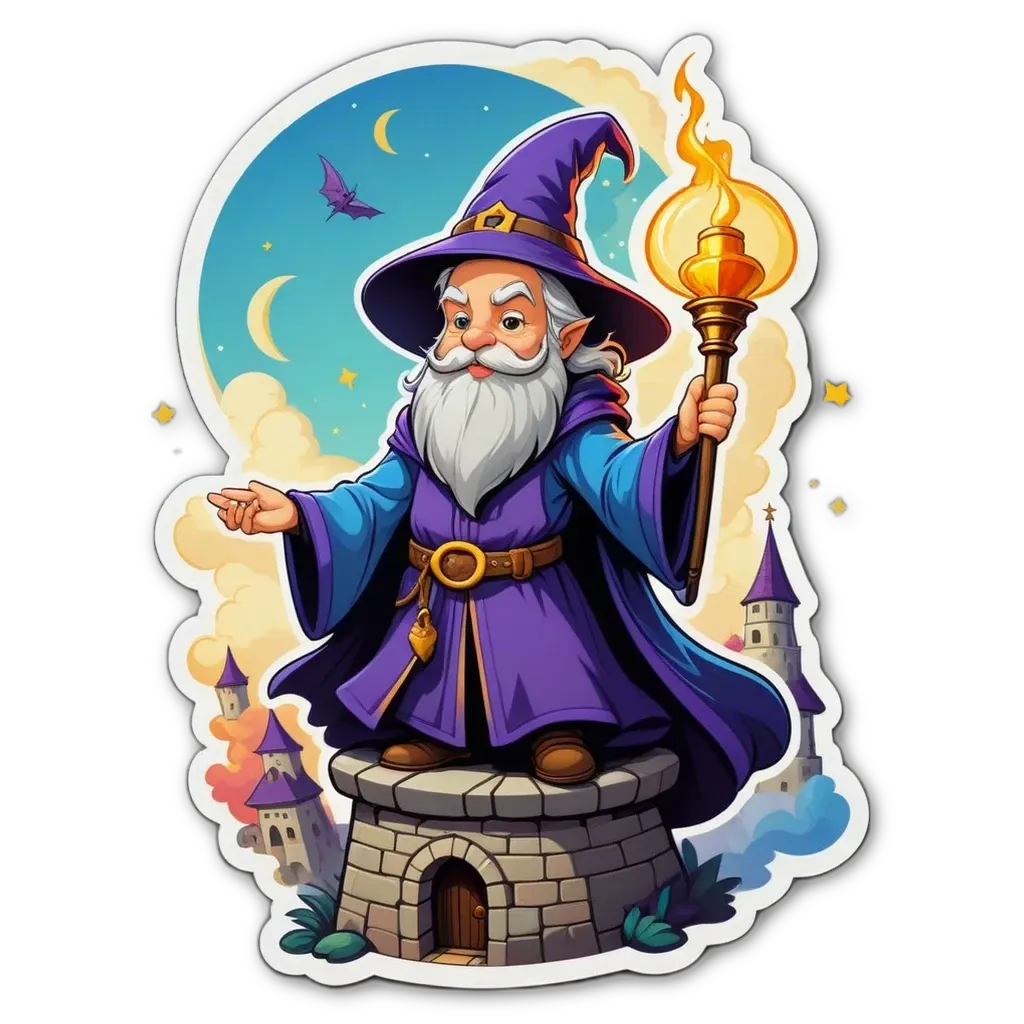 A cartoon of a wizard with a staff that is blue and purple.