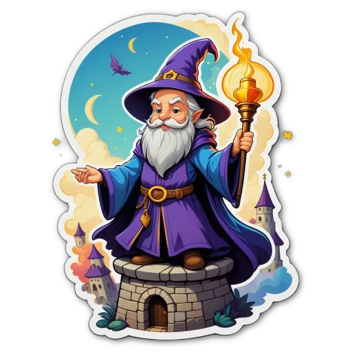 A cartoon of a wizard with a staff that is blue and purple.