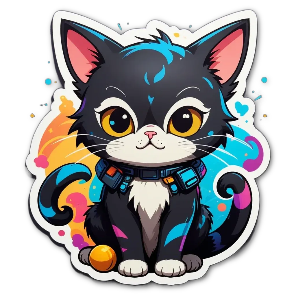 A cartoon cat sitting next to a round object.