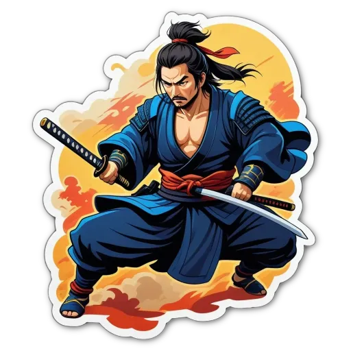 A cartoon depiction of a man with a sword as a samurai.