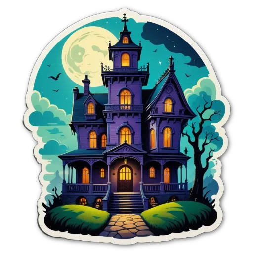 A cartoonish drawing of a house with a full moon in the sky.