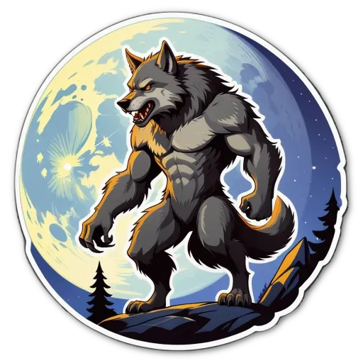 A werewolf in a circle has a moon behind it.