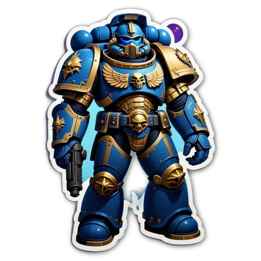 A blue and gold sticker of a soldier in a uniform with a gun.