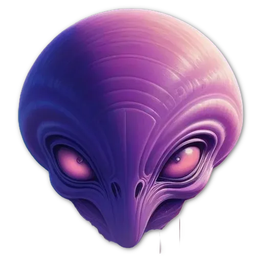 An alien head with red eyes and a purple body.