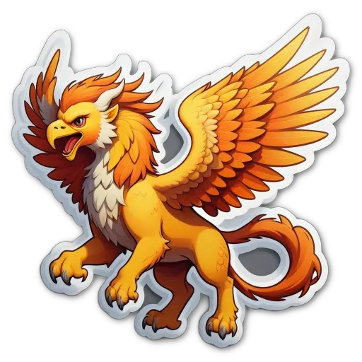 A sticker of a bird with orange feathers and a yellow body that is scary.