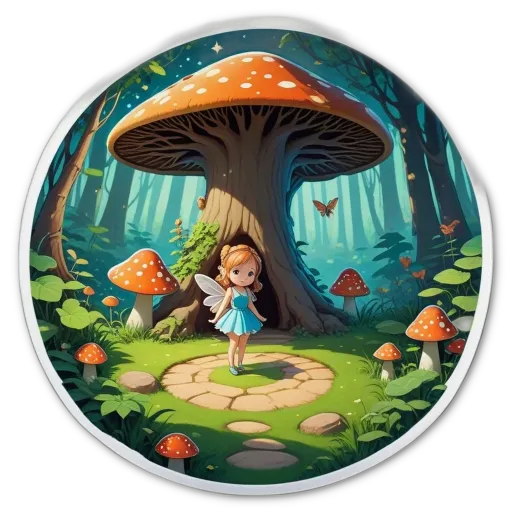 A fairy in a forest with mushrooms and a tree.