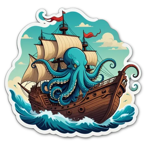 A sticker of an octopus on a ship that is at sea.