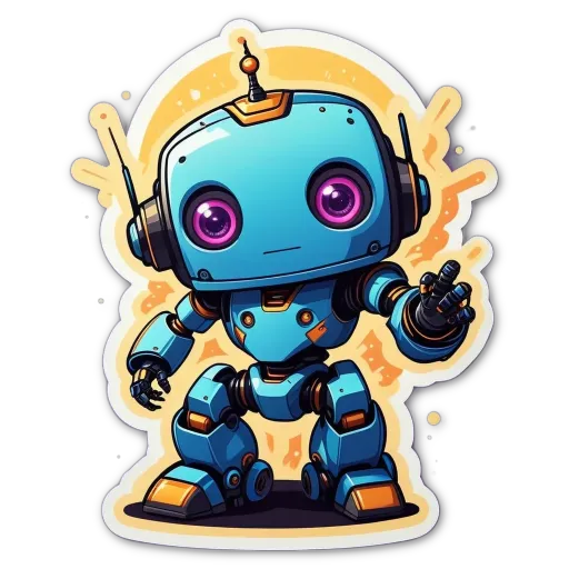 A blue robot with yellow eyes and a pinkish nose.