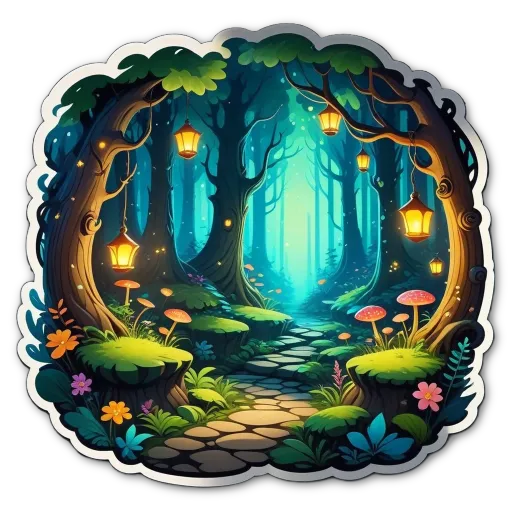 A forest with a path that leads to a lantern that is lit up.