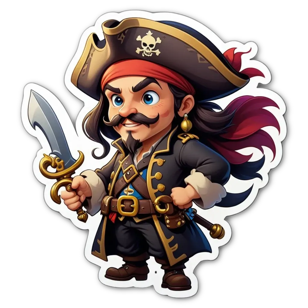 A cartoon depiction of a pirate holding a sword.