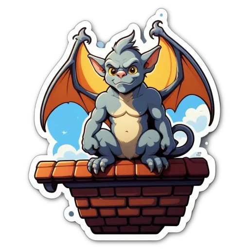 A sticker of a beastly creature with wings sitting on a roof.