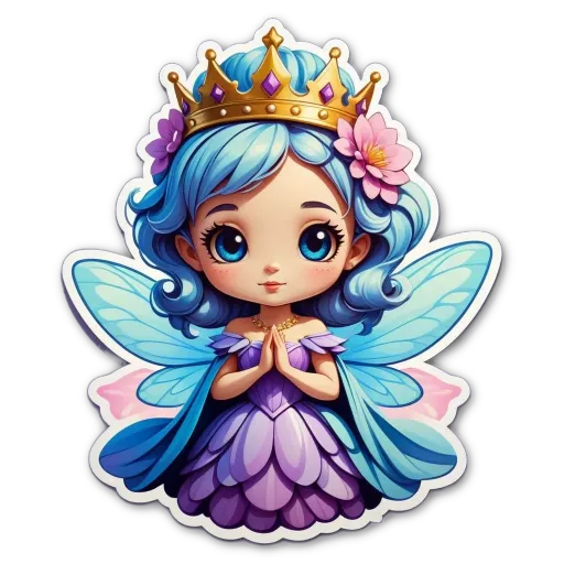 A cartoon picture of a little girl with a crown on her head and a butterfly on her dress.