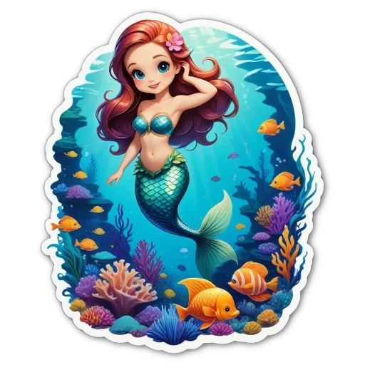 A cartoon image of a mermaid swimming among coral reefs.
