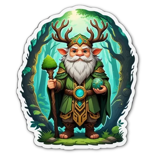 A cartoon depiction of a forest with a gnome holding a crystal ball.