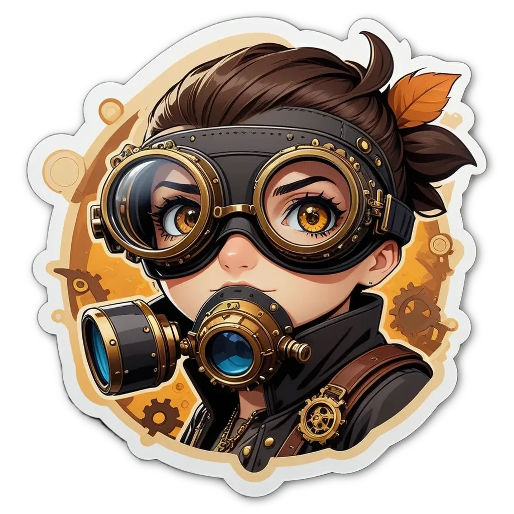 A girl wearing gas mask and goggles with a black and yellow background.