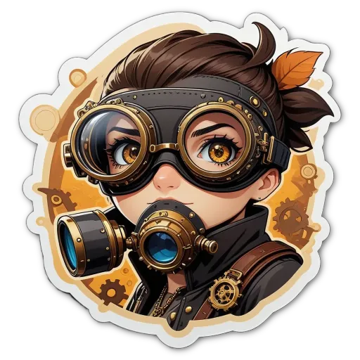 A girl wearing gas mask and goggles with a black and yellow background.